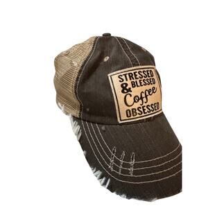 NWOT women’s trucker hat stressed blessed and coffee obsessed grey and beige